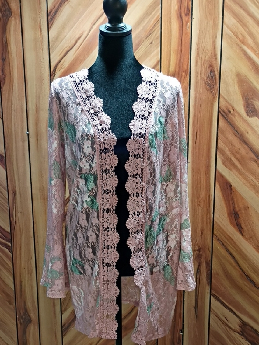 Full Circle Trends Sheer Pink Lace Kimono Cardigan Scalloped Crocheted Trim S